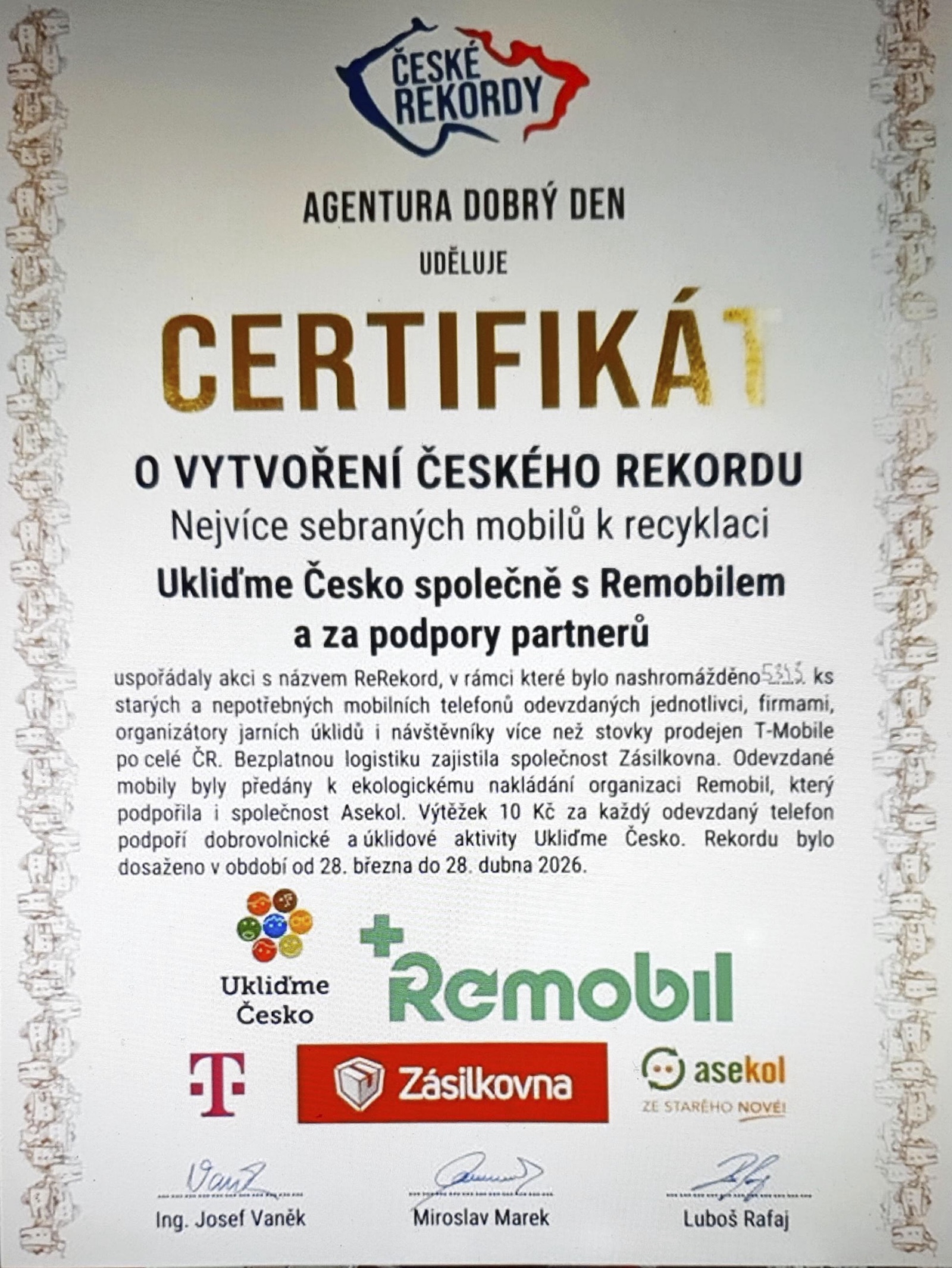 Certifikát českého rekordu — 5 343 odevzdaných mobilů
