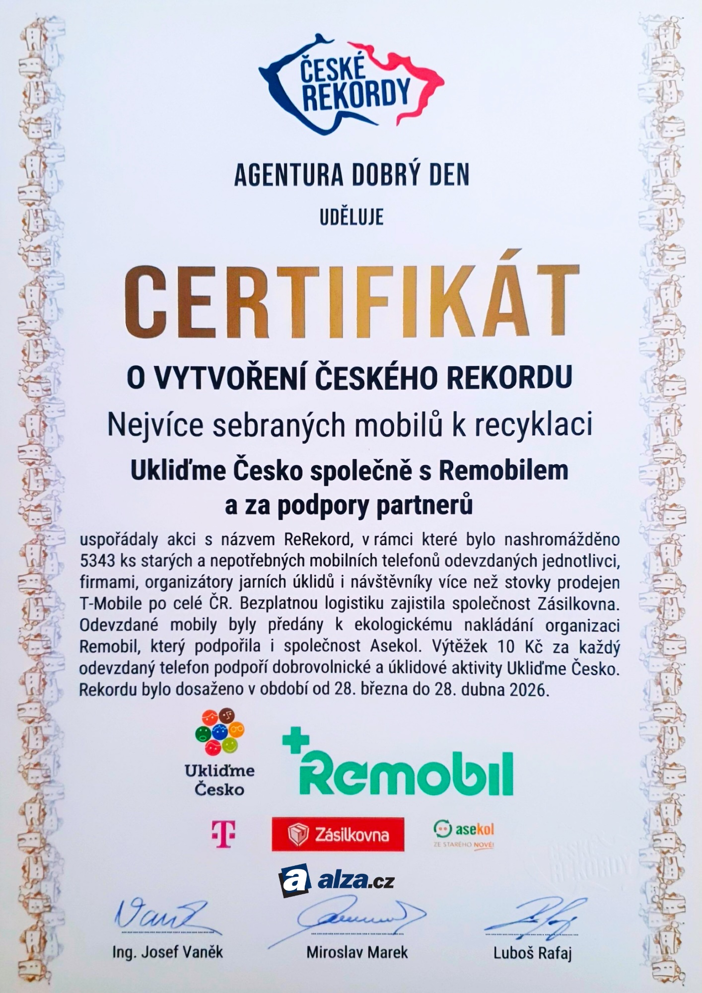 Certifikát českého rekordu — 5 343 odevzdaných mobilů